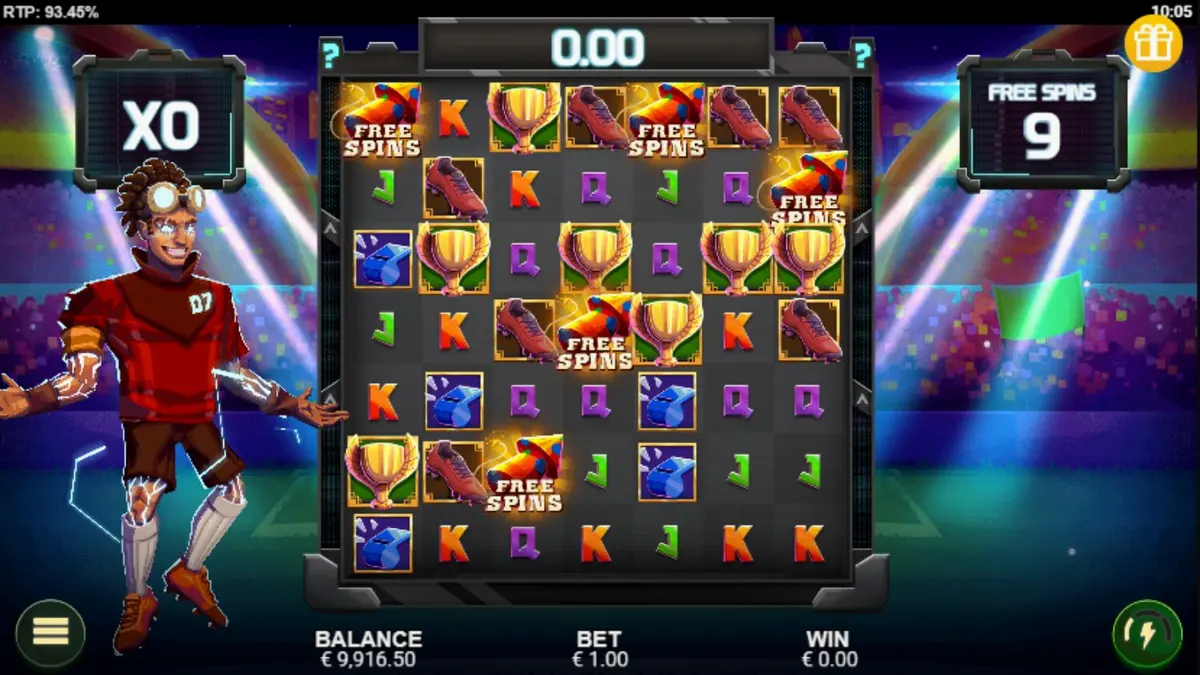 Cluster Cup slot machine interface with football stadium background